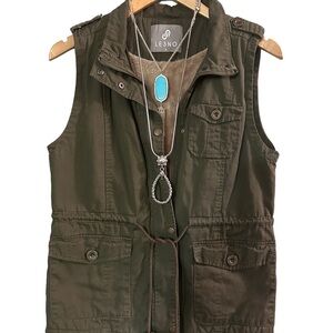 LE3NO Womens Army Green Utility Vest Hooded lined Fleece Snaps Drawstrings